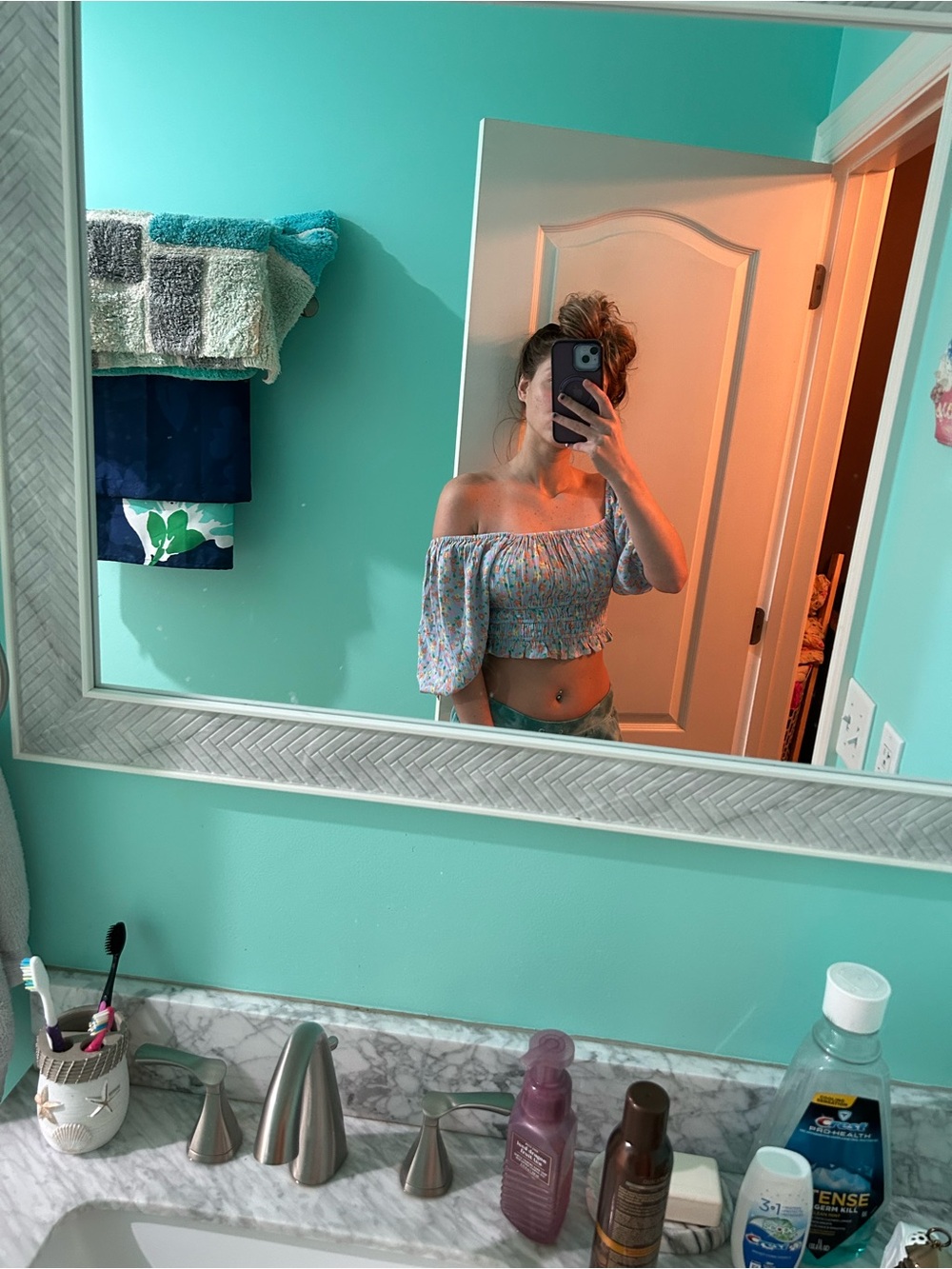 Blue floral crop top with flowy sleeves/ off the shoulder
